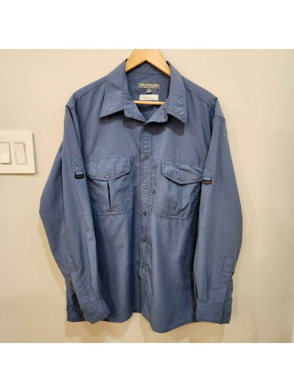Vintage Tilley Endurables Shirt Mens L Blue Nylon Roll Tab Long Sleeve Hiking